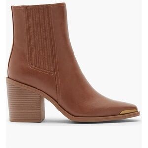 Nordstrom Brown Leather Block Heel Ankle Boots with Metallic Toe Accent